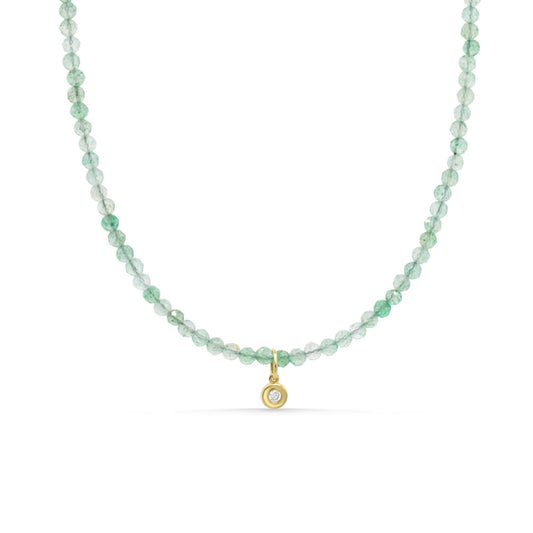 Green Aventurine Necklace, 2mm Gemstone Necklace, Diamond Pendant, Solid 14K Gold Necklace, Dainty Green Gemstone Jewelry, Gift for Her