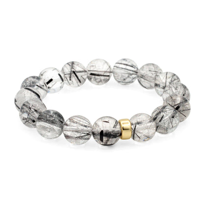Black Rutilated Quartz Bracelet 12mm, Natural Rutile Quartz Stretch Bracelet, Sterling Silver or Solid 14K Gold, Gemstone Bracelet