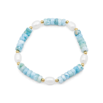 Larimar Pearl Bracelet, 6mm Natural Larimar Bracelet, Freshwater Pearl Jewelry, Sterling Silver or Solid 14K Gold, Gemstone Bracelet