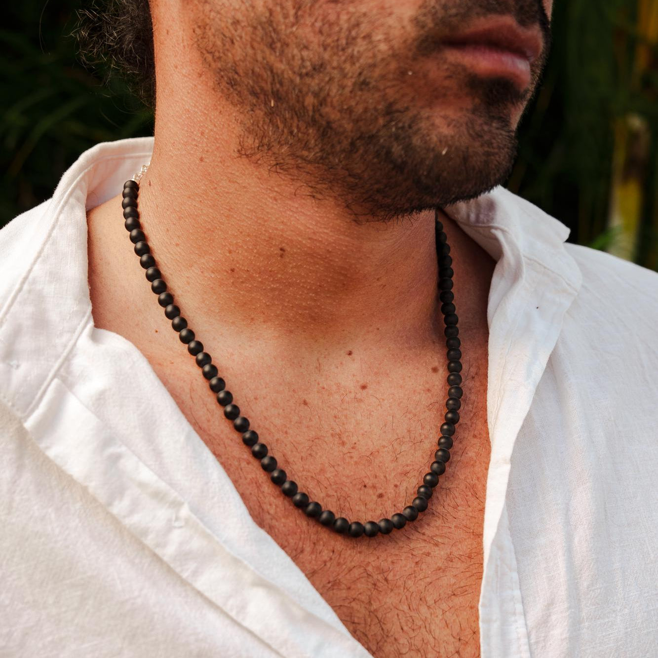 Matte Black Onyx Necklace, 6mm Natural Black Onyx Beaded Necklace, Sterling Silver Adjustable Gemstone Necklace, Handmade Jewelry