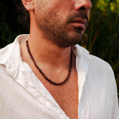 Matte Red Tigers Eye Necklace, 6mm Natural Gemstone Beaded Necklace, Sterling Silver Adjustable Necklace, Handmade in Canada