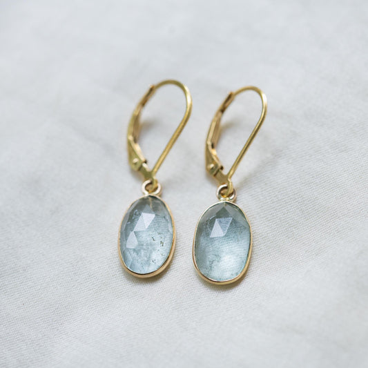 Aquamarine leverback earrings in 14K gold from Earthly Abundance, featuring vibrant aquamarine gemstones and elegant design.