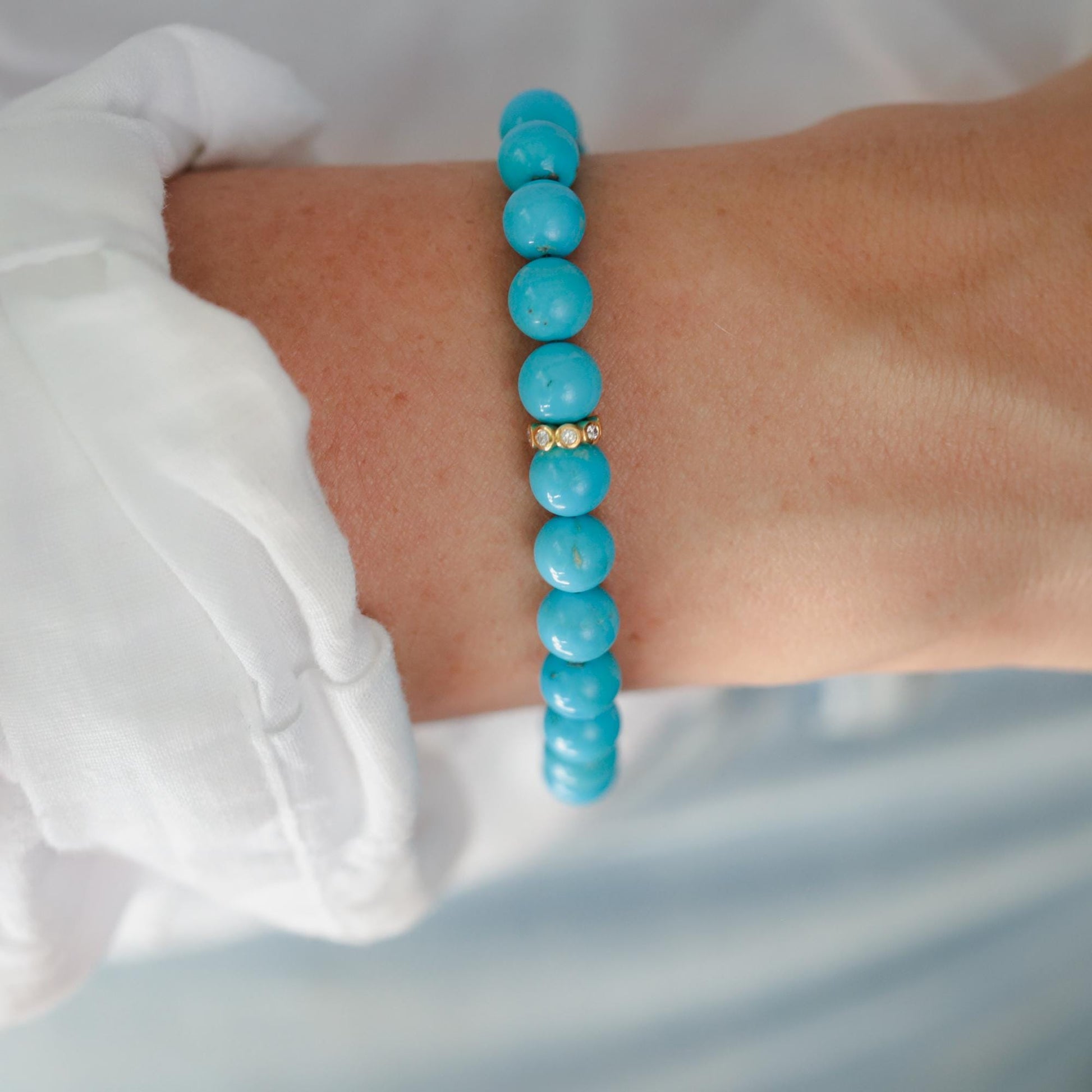 Diamond Sleeping Beauty Bracelet – 8mm | 8mm Arizona Turquoise, Solid 14K Gold Diamond Bracelet, Natural Turquoise Jewelry