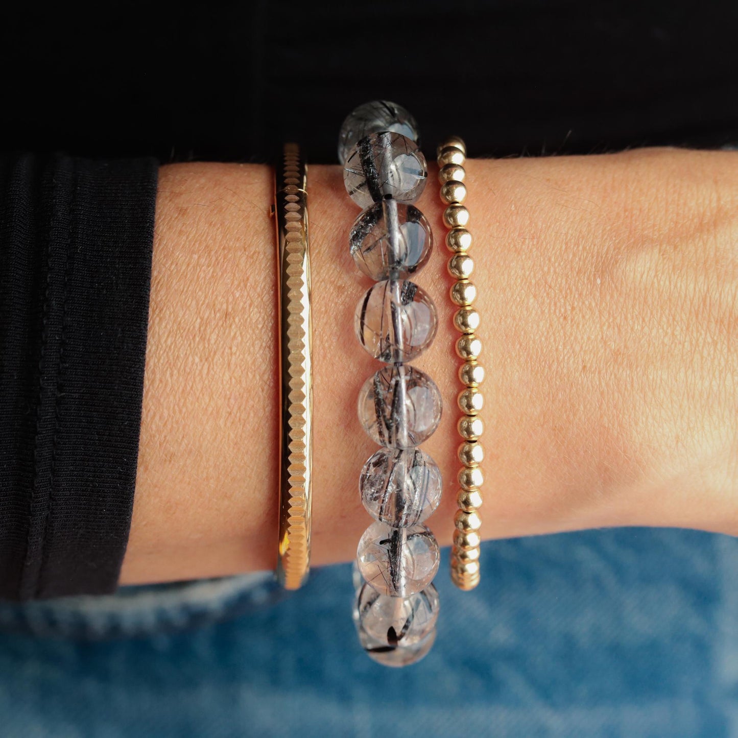 Black Rutilated Quartz Bracelet 12mm, Natural Rutile Quartz Stretch Bracelet, Sterling Silver or Solid 14K Gold, Gemstone Bracelet