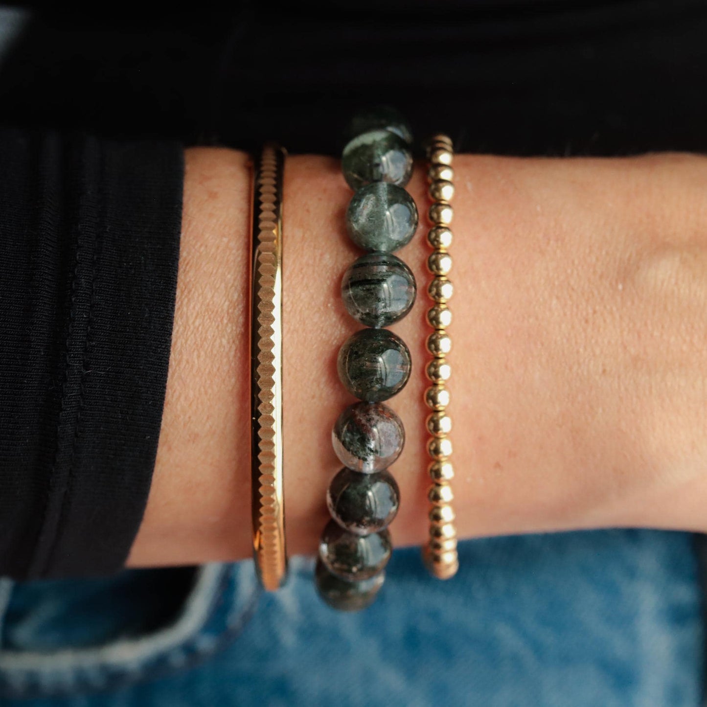 Green Phantom Quartz Bracelet 10mm, Natural Green Quartz Stretch Bracelet, Sterling Silver or Solid 14K Gold, Gemstone Jewelry