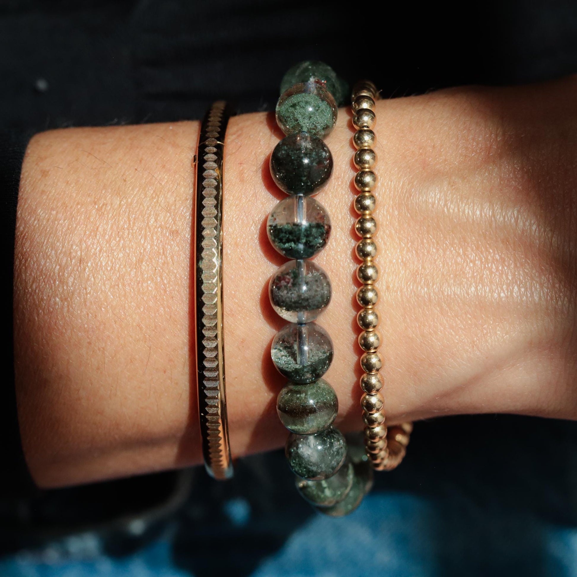 Green Phantom Quartz Bracelet 10mm, Natural Green Quartz Stretch Bracelet, Sterling Silver or Solid 14K Gold, Gemstone Jewelry
