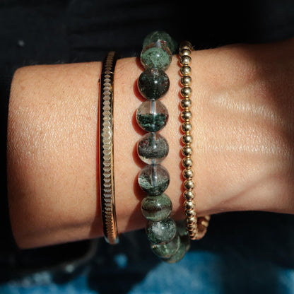 Green Phantom Quartz Bracelet 10mm, Natural Green Quartz Stretch Bracelet, Sterling Silver or Solid 14K Gold, Gemstone Jewelry