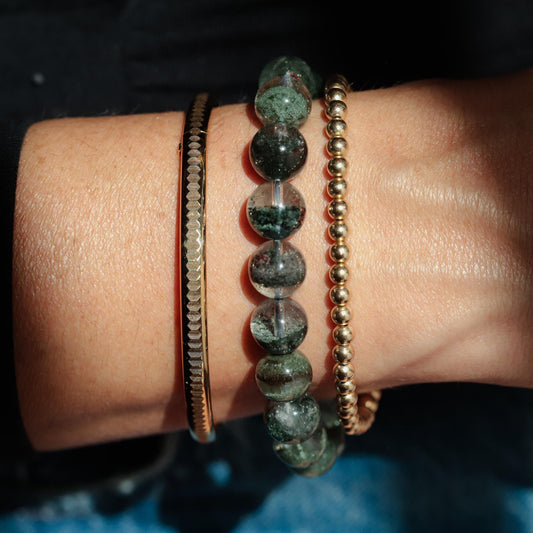 Green Phantom Quartz Bracelet 10mm, Natural Green Quartz Stretch Bracelet, Sterling Silver or Solid 14K Gold, Gemstone Jewelry
