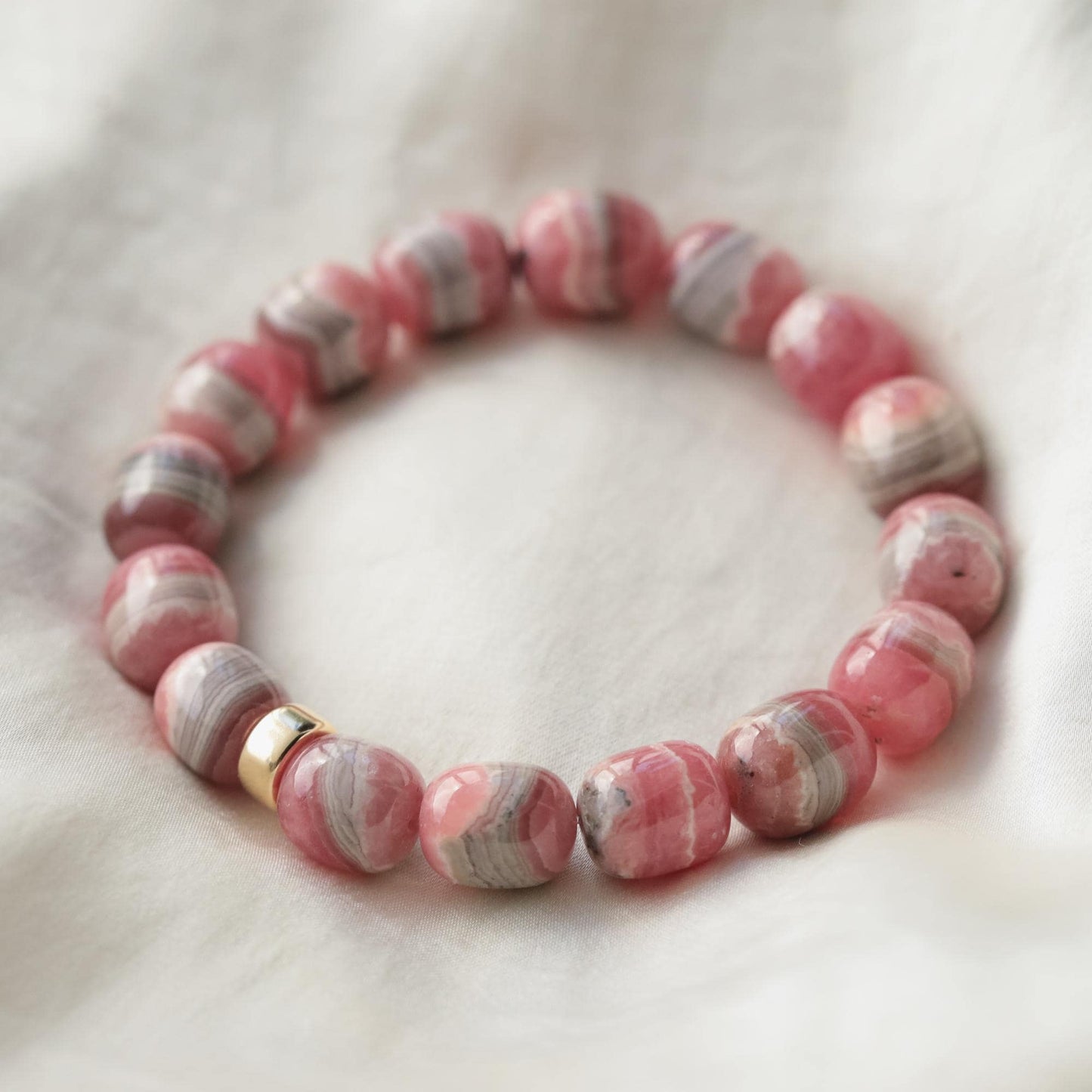 One of a Kind Rhodochrosite Bracelet, Natural Pink Gemstone Bracelet, Solid 14K Gold, 8.5–10mm Stretch Bracelet, Rare Gemstone Jewelry