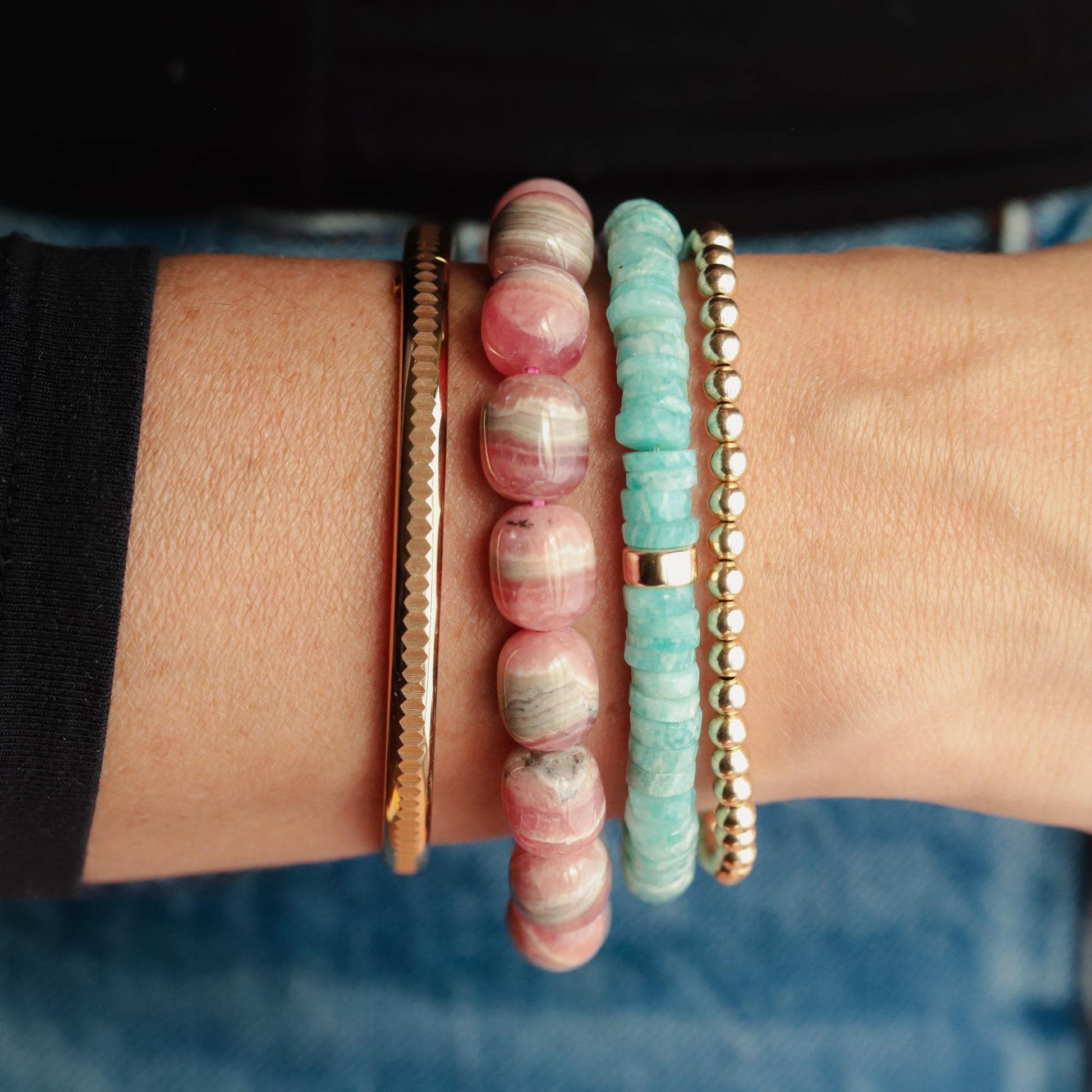 One of a Kind Rhodochrosite Bracelet, Natural Pink Gemstone Bracelet, Solid 14K Gold, 8.5–10mm Stretch Bracelet, Rare Gemstone Jewelry