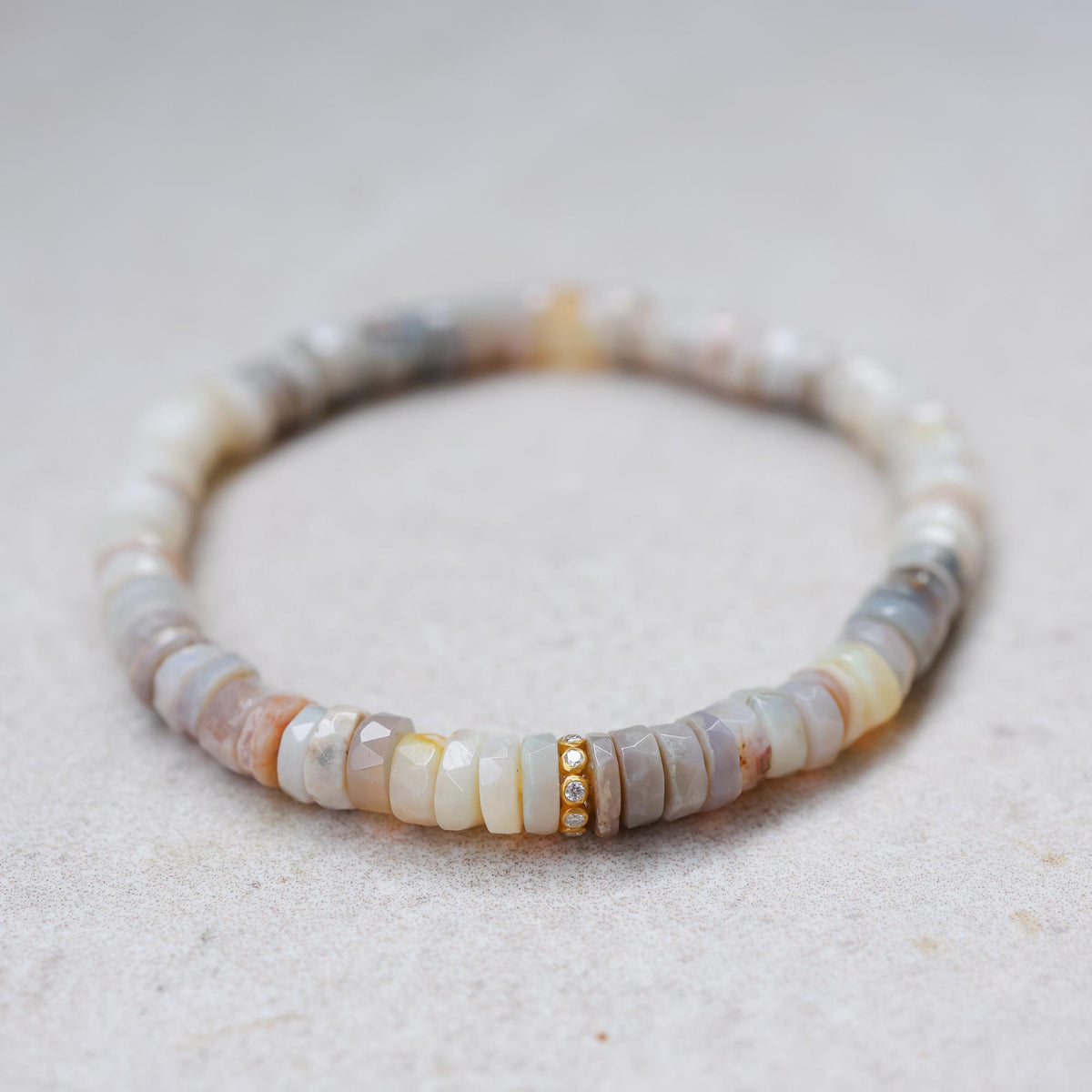 Australian Opal Bracelet with Solid 14K Gold Diamond Accent – Natural 6mm Opal Gemstone Stretch Bracelet, Small Batch Jewelry