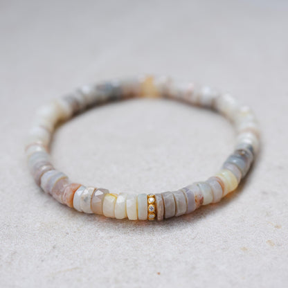 Australian Opal Bracelet with Solid 14K Gold Diamond Accent – Natural 6mm Opal Gemstone Stretch Bracelet, Small Batch Jewelry