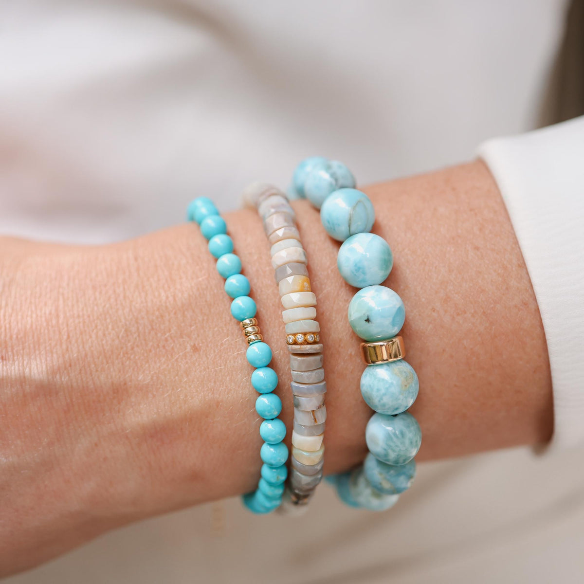 Australian Opal Bracelet with Solid 14K Gold Diamond Accent – Natural 6mm Opal Gemstone Stretch Bracelet, Small Batch Jewelry