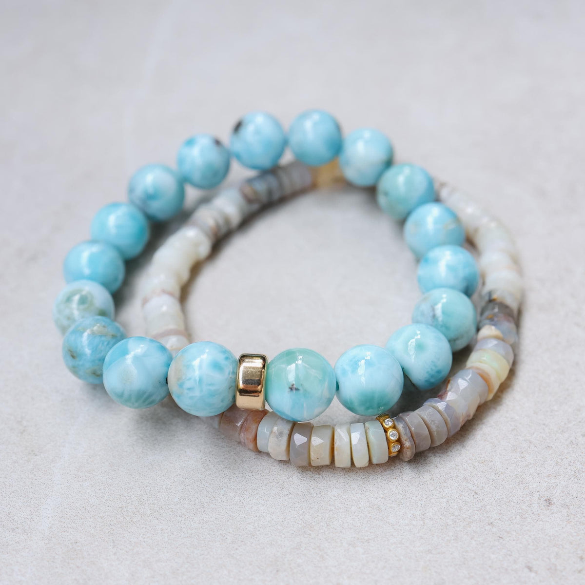 Australian Opal Bracelet with Solid 14K Gold Diamond Accent – Natural 6mm Opal Gemstone Stretch Bracelet, Small Batch Jewelry