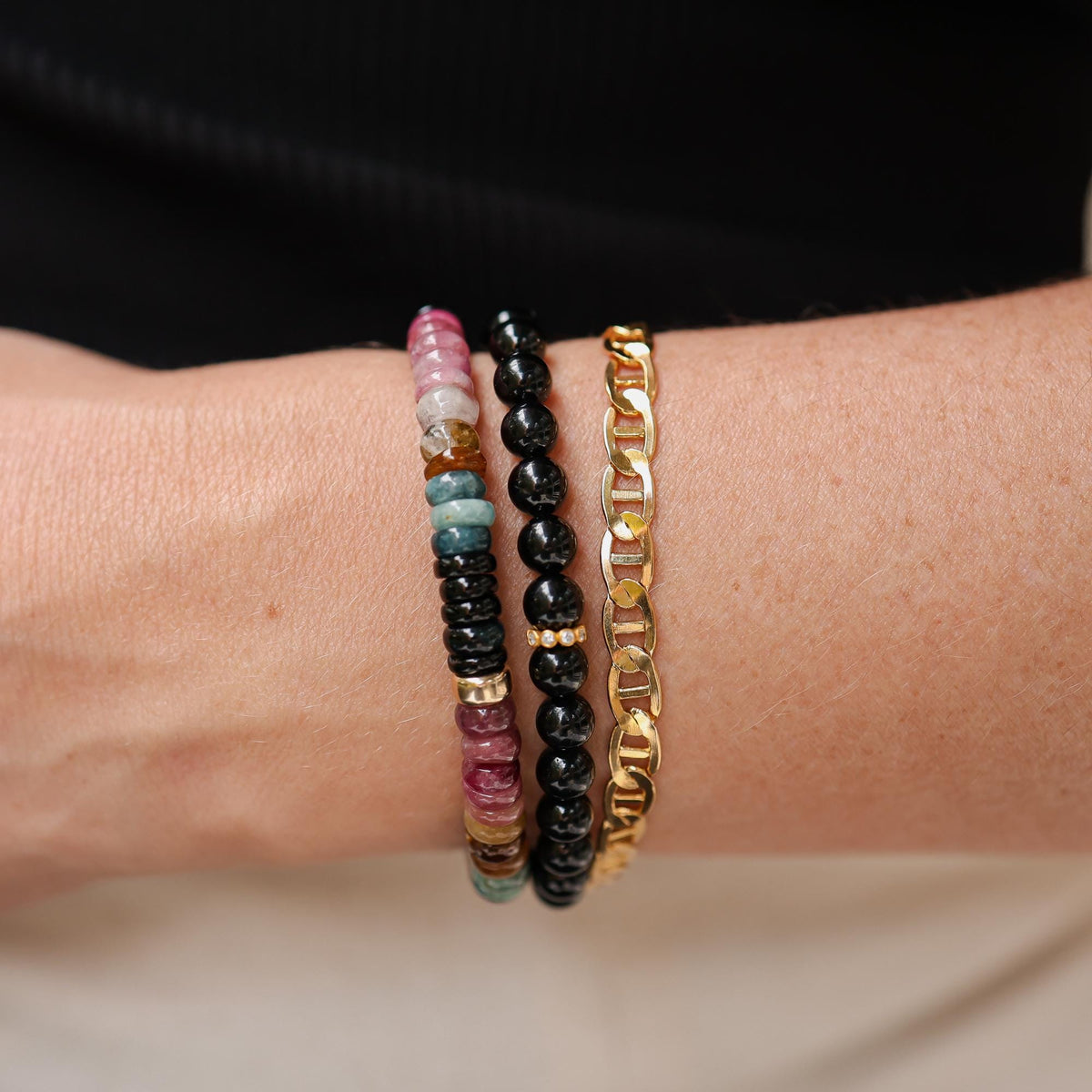 One of a Kind Mixed Tourmaline Bracelet, 6mm Natural Tourmaline, Solid 14K Gold, Earthy Rainbow Gemstone Bracelet