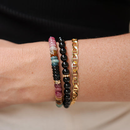 One of a Kind Mixed Tourmaline Bracelet, 6mm Natural Tourmaline, Solid 14K Gold, Earthy Rainbow Gemstone Bracelet