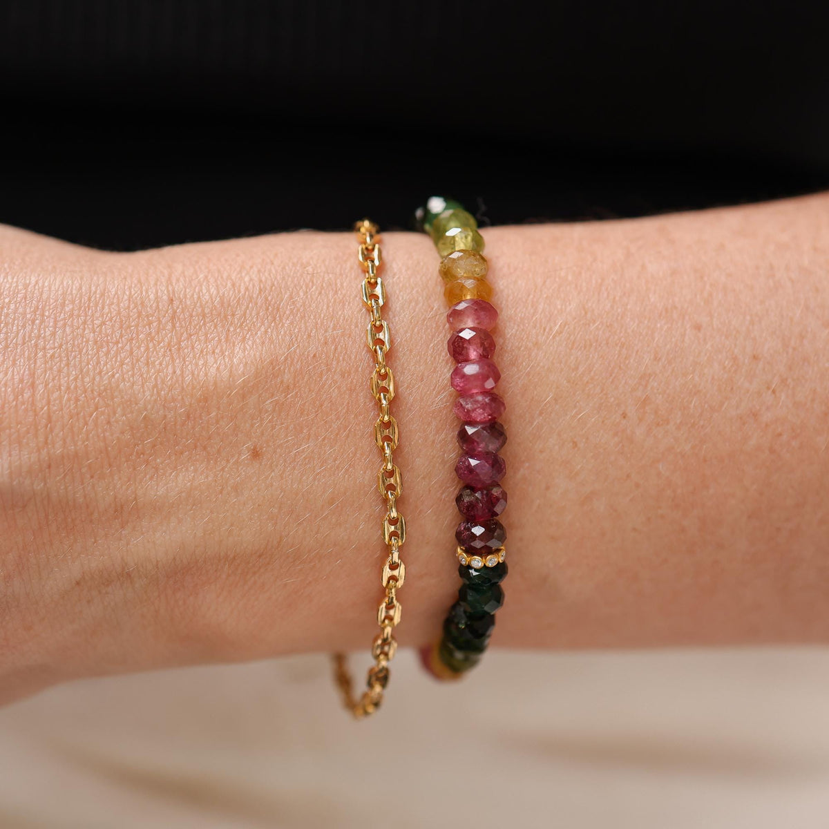 Multicolor Mixed Tourmaline Bracelet, Solid 14K Gold Diamond Bracelet, Rare Natural Tourmaline Gemstone Jewelry