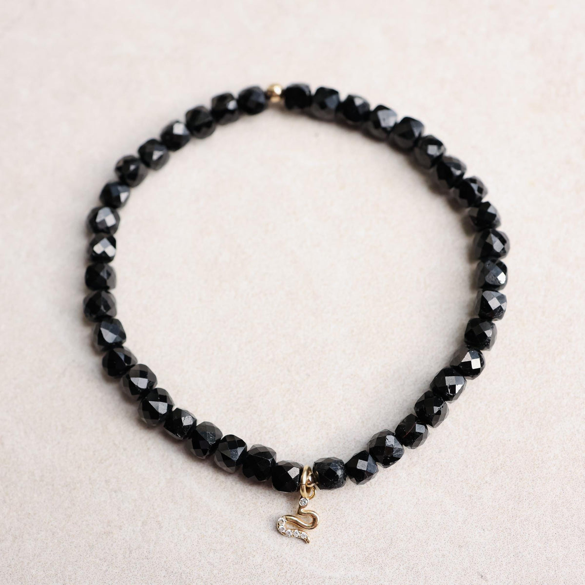 Black Tourmaline & Diamond Snake Bracelet – Solid 14K Gold
