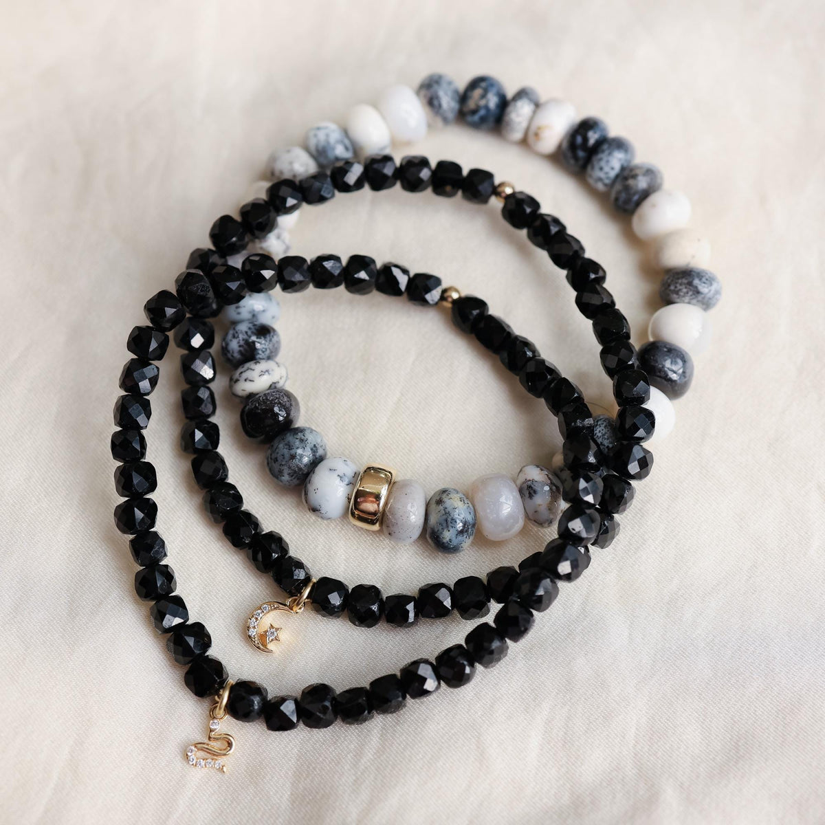 Black Tourmaline & Diamond Snake Bracelet – Solid 14K Gold