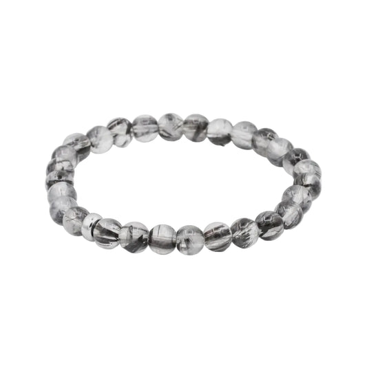 Black rutilated quartz bracelet with 6mm beads from Earthly Abundance Jewelry, showcasing polished gemstone beads on a bracelet.