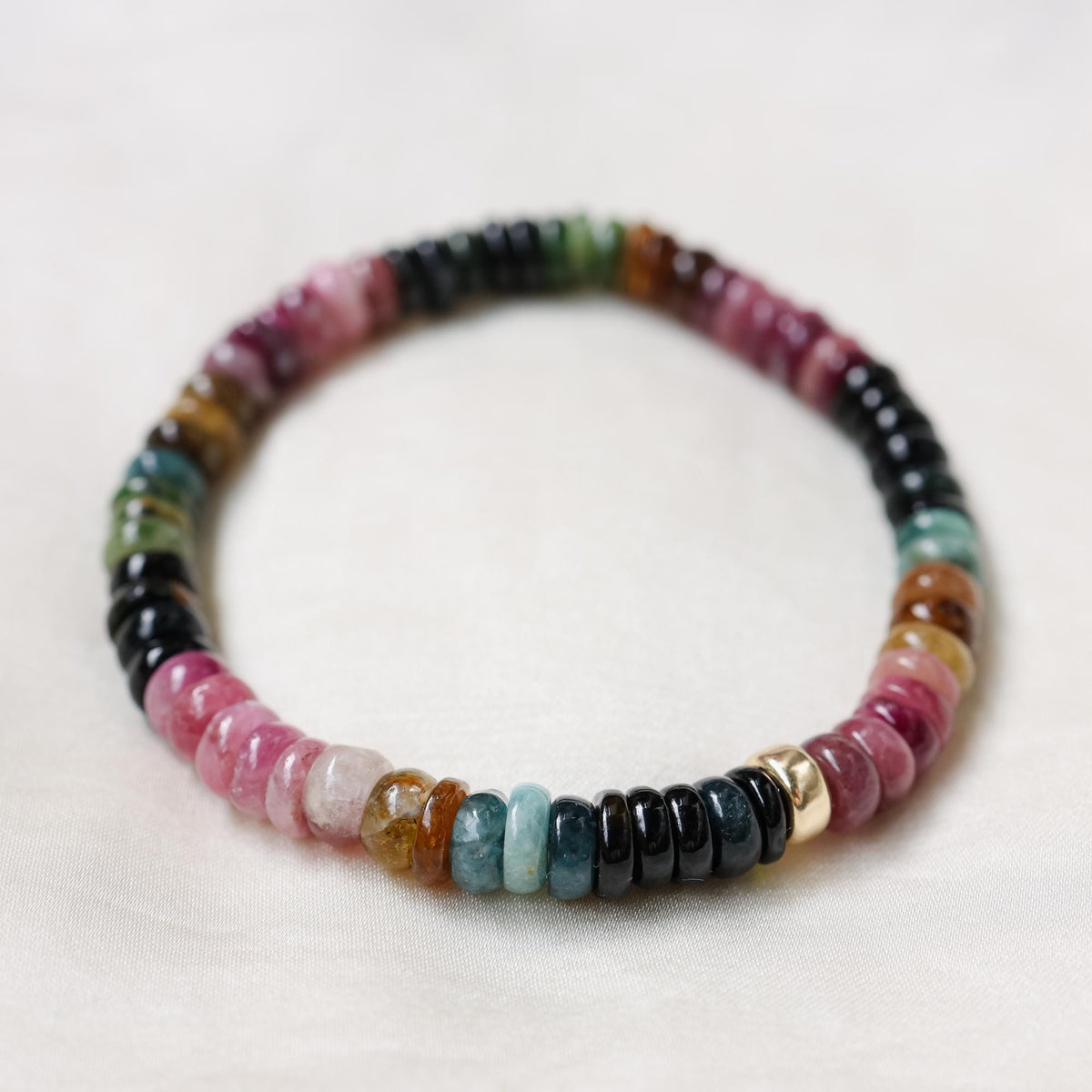 One of a Kind Mixed Tourmaline Bracelet, 6mm Natural Tourmaline, Solid 14K Gold, Earthy Rainbow Gemstone Bracelet