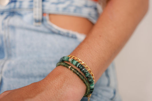 Green Apatite Heishi bracelet featuring small, smooth green stone beads from Earthly Abundance.