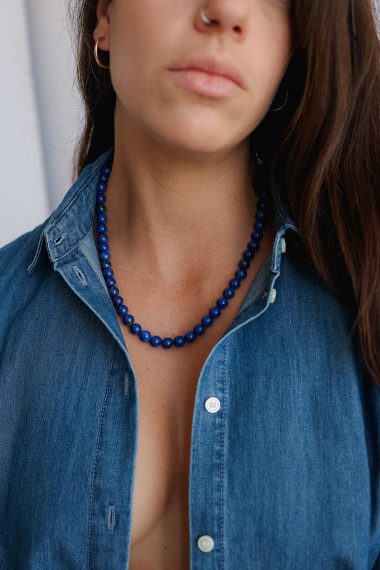 Royal Lapis Necklace with 10mm Lapis Lazuli beads from Earthly Abundance, featuring a polished and vibrant deep blue gemstone strand.
