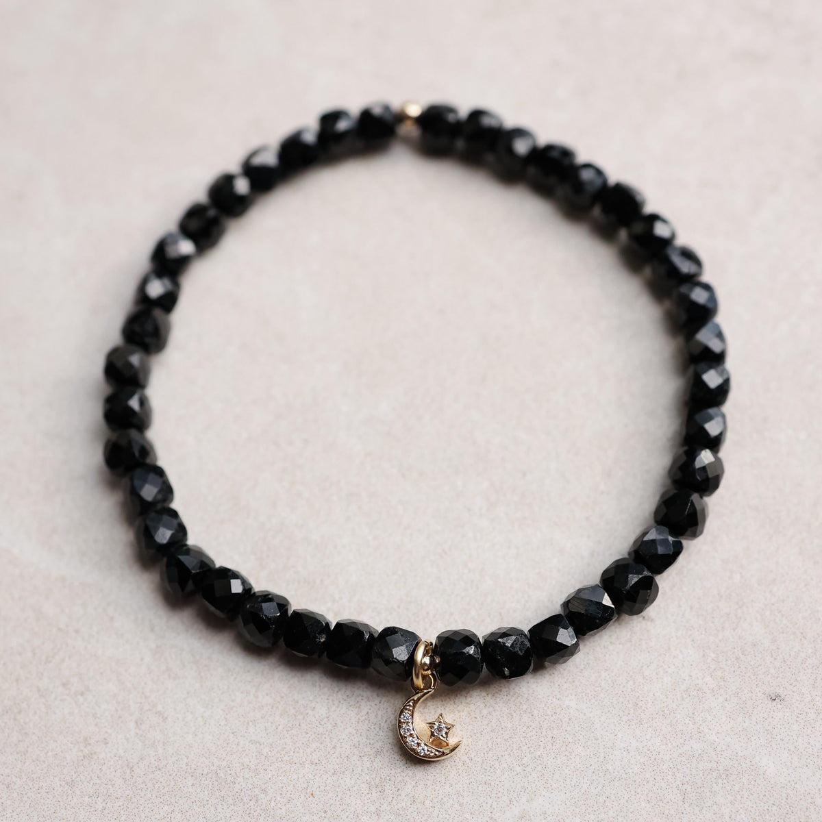 Black Tourmaline Moon and Star Bracelet – Solid 14K Gold & Diamonds EBBM2222