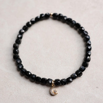 Black Tourmaline Moon and Star Bracelet – Solid 14K Gold & Diamonds EBBM2222