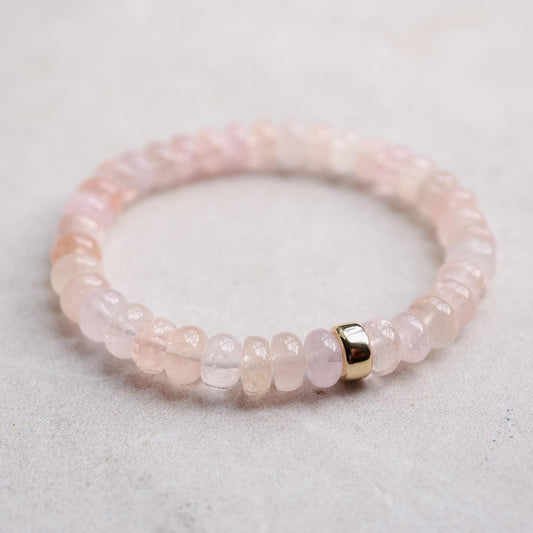 Earthly Abundance Morganite smooth rondel bracelet with 8mm beads, showcasing soft pink gemstone stones on a delicate jewelry strand