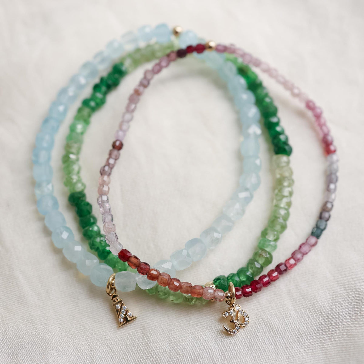 Multicolor Spinel & Diamond Om Bracelet – Solid 14K Gold