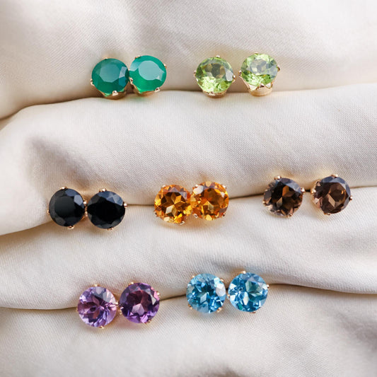 Gold filled gemstone earrings with 6mm stones from Earthly Abundance, featuring elegant gold and colorful gemstone details.