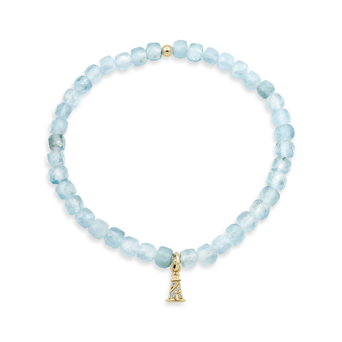 Aquamarine and diamond lighthouse bracelet in solid 14K gold, featuring nautical-inspired design and intricate craftsmanship.