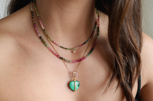 Earthly Abundance diamond mixed tourmaline necklace featuring colorful gemstone beads and a delicate gold chain.
