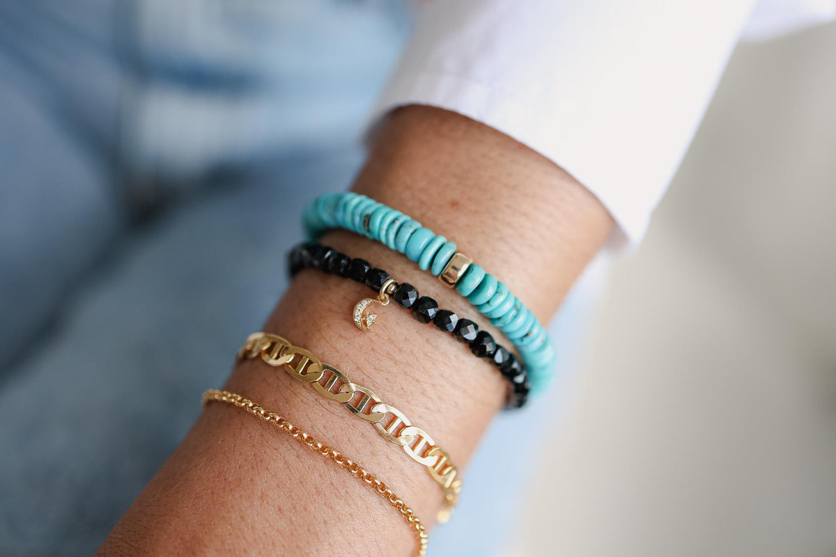 Black Tourmaline Moon and Star Bracelet – Solid 14K Gold & Diamonds EBBM2222