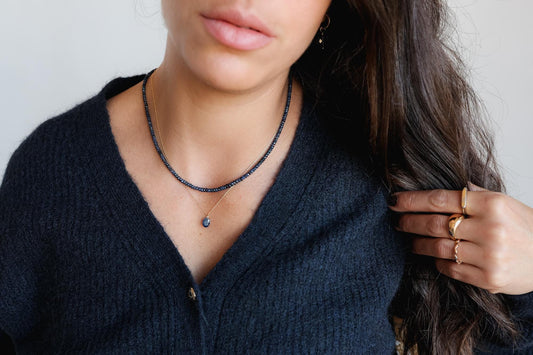 Earthly Abundance blue sapphire beaded necklace with faceted gemstones, women's September birthstone jewelry