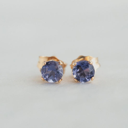 14K gold-filled gemstone stud earrings with 4mm round stones, featuring vibrant colors and a secure post backing.