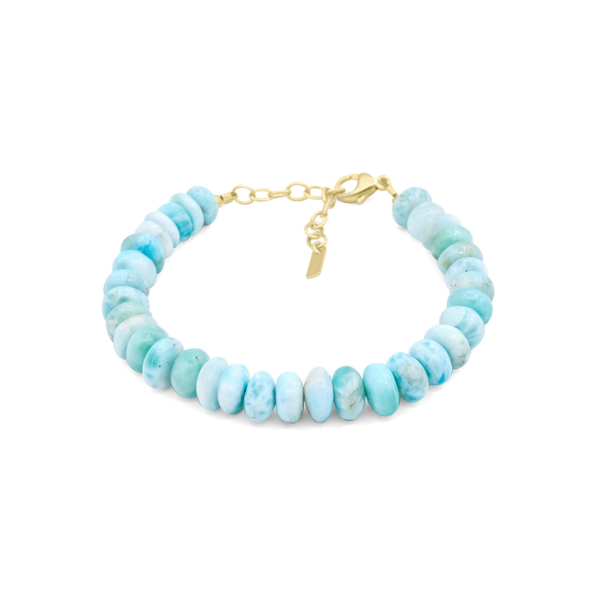 Sky blue Larimar bracelet featuring polished round beads, crafted by Earthly Abundance, displayed on a neutral background.
