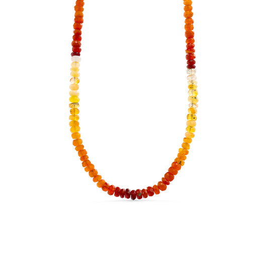 Burnt Sienna Mexican Fire Opal necklace with silver chain from Earthly Abundance, featuring warm gemstone pendant detail.