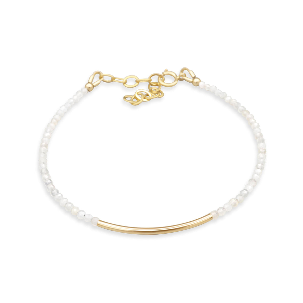 Earthly Abundance moonstone bar bracelet featuring smooth moonstone beads and a sleek metal bar design on a delicate chain.