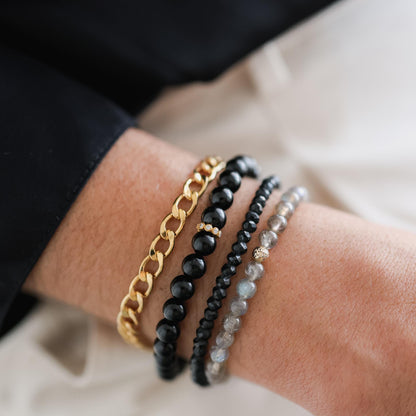 Black and gold Black Spinel bracelet by Earthly Abundance featuring sleek black stones with gold accents on a delicate chain.