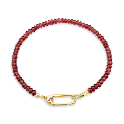 Garnet carabiner bracelet with earthy beads and metal clasp, stylish jewelry piece from Earthly Abundance.