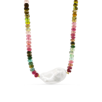 Mixed tourmaline baroque pearl necklace by Earthly Abundance with colorful gemstones and organic pearl shapes