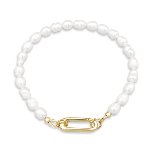 Pearl carabiner bracelet with white pearls and silver accents, stylish jewelry accessory by Earthly Abundance.