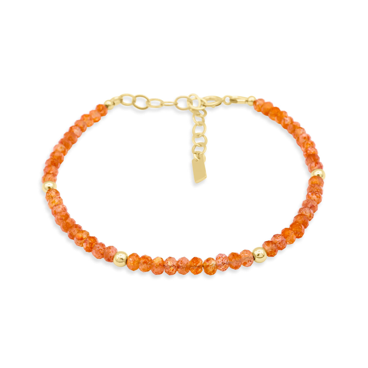 Sunset Crush Sunstone bracelet by Earthly Abundance featuring polished orange and red sunstone beads on an elastic band