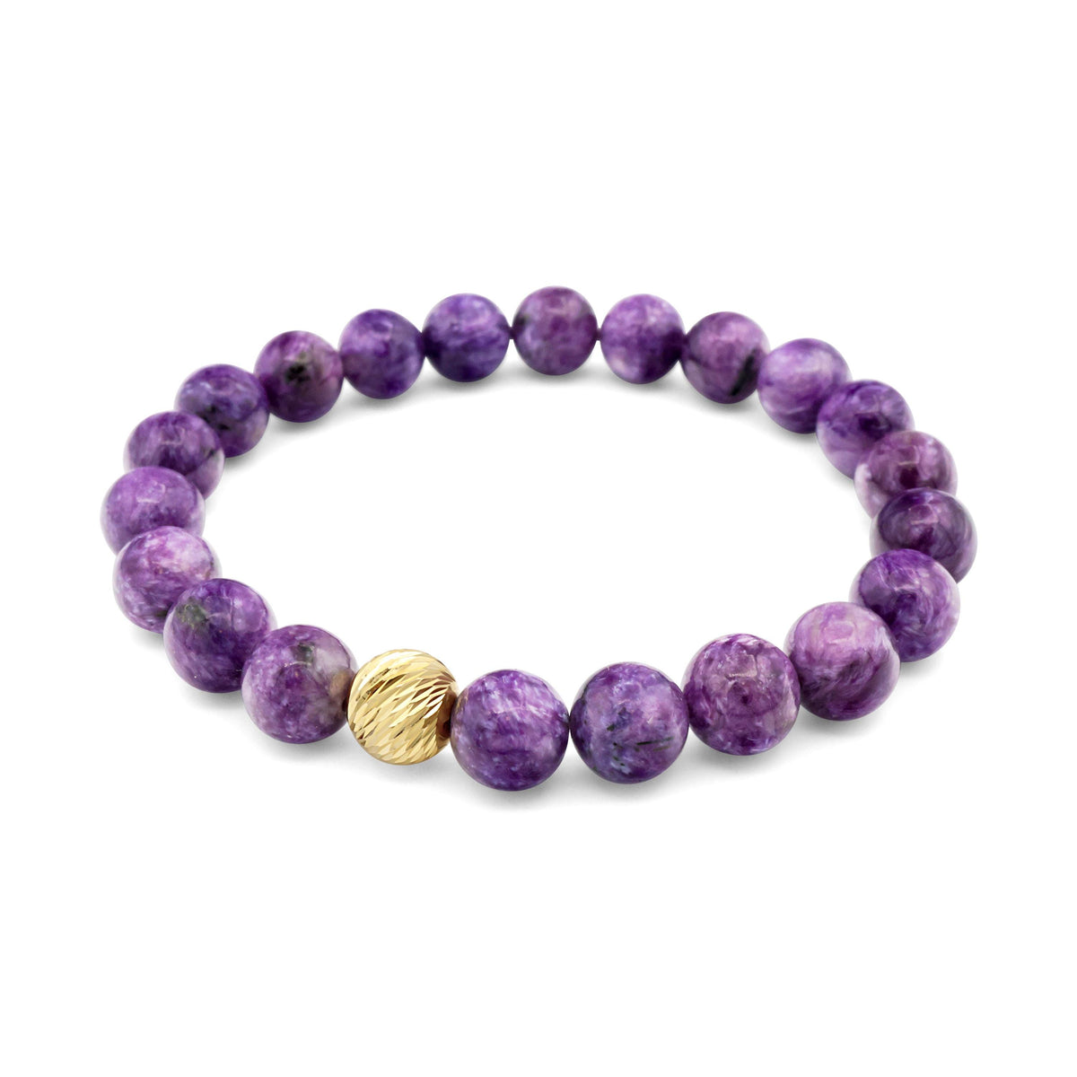8mm Charoite bracelet featuring polished purple stones, crafted by Earthly Abundance, displayed on a neutral background.