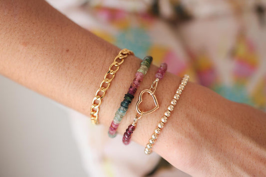 Soft Radiance pink tourmaline carabiner bracelet by Earthly Abundance Jewelry