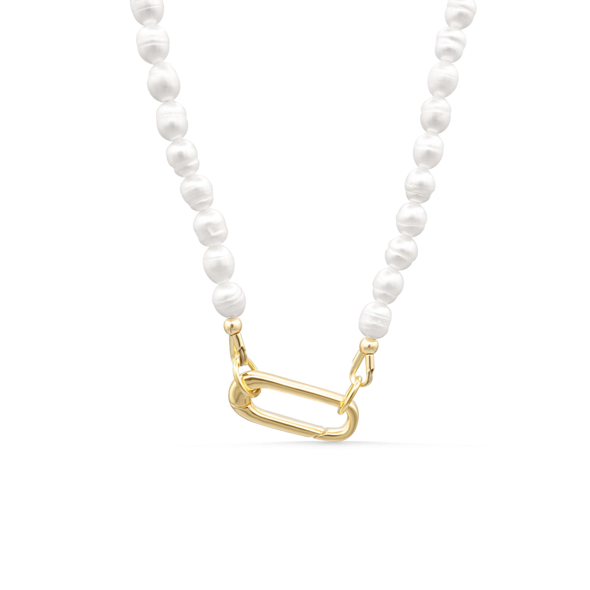 Modern Muse pearl carabiner necklace by Earthly Abundance, featuring a gold-tone clasp and lustrous pearl details