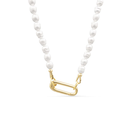 Modern Muse pearl carabiner necklace by Earthly Abundance, featuring a gold-tone clasp and lustrous pearl details