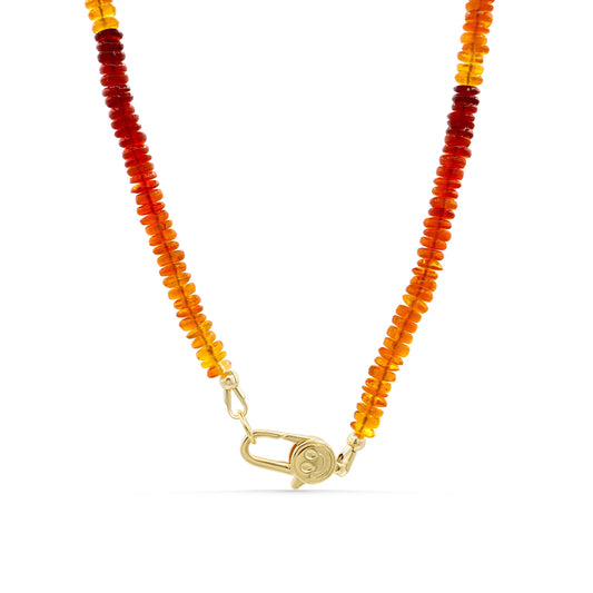 Earthly Abundance Sunset Fire Opal Smiley Necklace with colorful opal pendant on a delicate chain